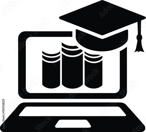 A minimalist black and white icon depicting a laptop computer with books and a graduation cap on top