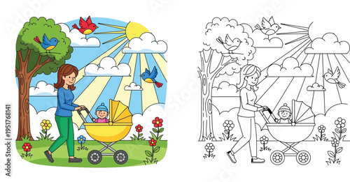 Mother Pushing Baby Stroller in Park on Sunny Day - Outdoor Family Walk