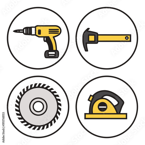Four construction tools on white background drill hammer saw blade