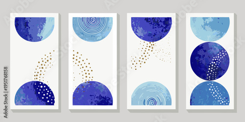 Four abstract watercolor panels in shades of blue and gold