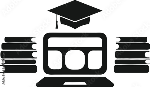 A minimalist black icon representing online education with a laptop, books, and a graduation cap