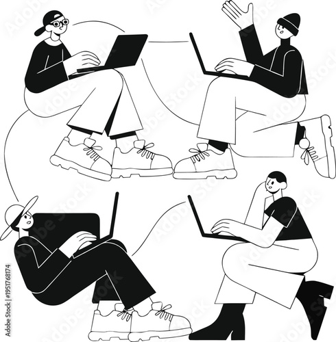 A black and white line art illustration showing four people working together on their laptops