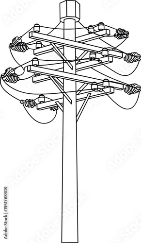 Electrical Utility Pole Line Art Illustration, Power Distribution Infrastructure Vector, Wire and Insulator Details, Industrial Energy Supply Network Graphic Element