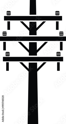 Black silhouette of electric utility pole with crossarms and insulators isolated on white background for industrial power and energy design