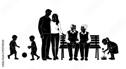 Family and senior citizens together outdoors.