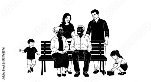 A diverse family sitting together on a park bench.