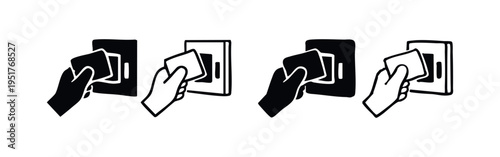 Hand inserting card icon set. Payment or access control symbol collection.