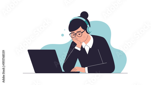Tired woman with headphones sits at her laptop looking bored or exhausted suggesting long work hours or study fatigue.