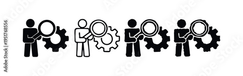 Person analyzing gear with magnifying glass icon set. Settings, optimization, and search concept.