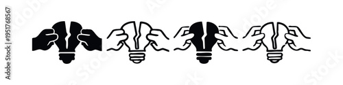 Hands pulling apart lightbulb icon set. Idea deconstruction or problem-solving concept.