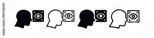 Head listening to sound speaker icon set. Audio recognition or sound symbol collection.