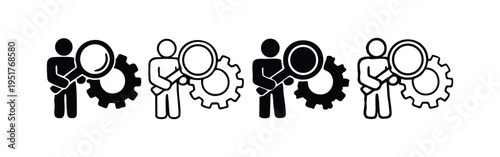 Person with magnifying glass and gear icon collection. Search, analysis, and settings symbols.