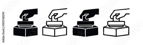 Hand Stamping Document with Ink Pad Icon Set. Official Approval Stamp Symbol Vector. Business Stamping Process and Authorization.