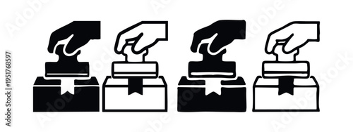 Hand Stamping Box Parcel Shipping Icon Set. Package Delivery Confirmation Symbol Vector. Logistics and Dispatch Process.