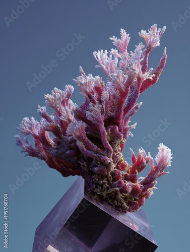 Photograph of a coral on top of a purple crystal pyramid. the coral is a type of sea anemone, also known as a coral bleaching, which is a reddish-purple color with white and pink tentacles.