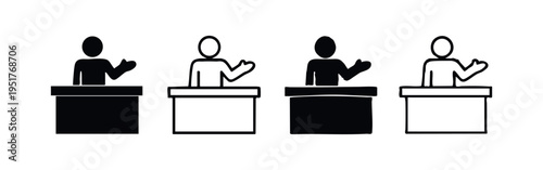 Presenter at Podium Icon Set - Raise Hand for Question and Public Speaking Vector Symbols for Engagement