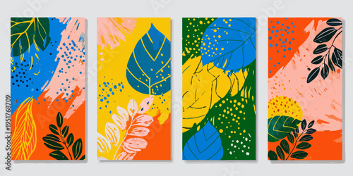 Abstract botanical illustrations in vibrant colors arranged in a vertical format