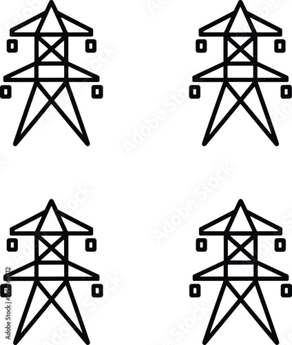 High voltage electric transmission tower line icons, power grid utility pylon silhouettes, energy infrastructure engineering flat vector illustration set for industry.