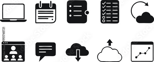 A collection of ten black flat vector icons representing various digital technology office concepts