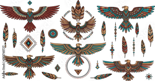 Tribal Eagle Illustration Set with Geometric Patterns, Decorative Feathers and Ethnic Symbols, Bohemian Native Style Bird Collection for Tattoo and Design Use