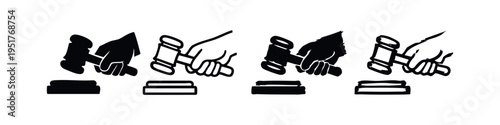 Hand Striking Gavel Icon Set for Law and Justice