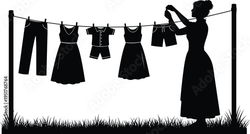 Woman hanging laundry silhouette, clothes drying on line outdoors, household chore activity, home washing routine vector illustration lifestyle scene