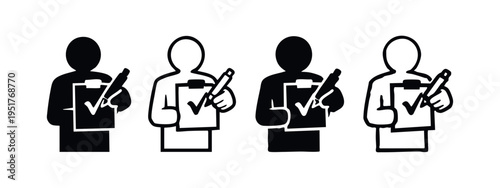 Clipboard with Checkmark and Pen Icon Set. Task Completion, Survey, and Approval Symbol, Flat Vector