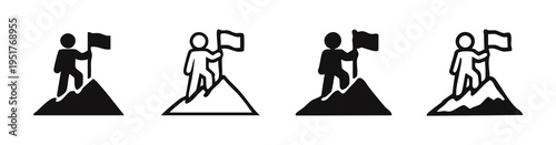 Person with flag on mountain peak icons set. Achievement, leadership, and success concept.