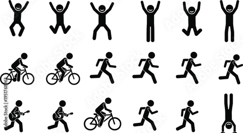 Active people icons set, running jumping cycling and playing guitar silhouettes, fitness and lifestyle activities, sport movement vector illustration collection
