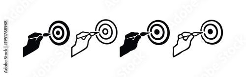 Hand throwing dart at target icons set. Accuracy and hitting business goals concept.