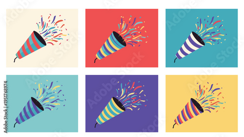 Set of six colorful party poppers with exploding confetti represents celebration joy and festive holiday events for all.