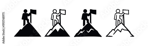 Person on mountain holding flag icons set. Triumph, leadership, and reaching goals concept.