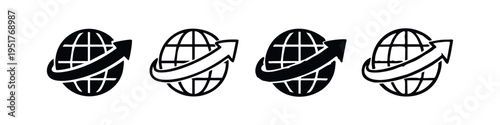 Globe with upward arrow icons set. Global growth, international business, and progress concept.