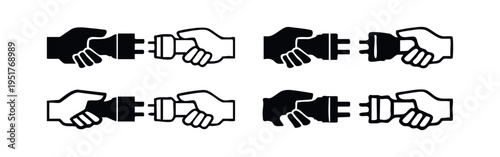 Hands plugging in electrical outlet icons set. Energy, connectivity, and power supply concept.