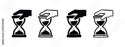 Hand Holding Hourglass with Falling Sand Icons. Time Running Out Sand Clock Symbols, Urgency and Deadline Vector Pictograms