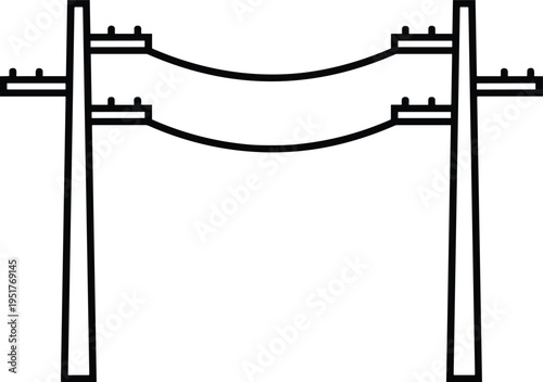 Electricity transmission power line icon on white background, high voltage electric utility pole symbol, industrial energy distribution and infrastructure silhouette.