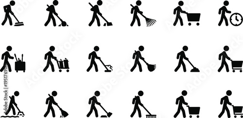 Cleaning service icons set, janitor work activities collection,