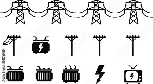 Set of electricity transmission icons, power line silhouettes, high voltage transformer symbols, utility poles, energy pylon and electric lightning bolt icons.