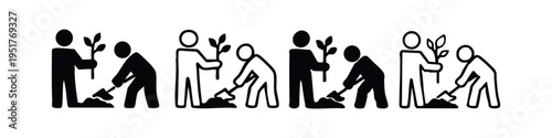 People Planting Saplings and Digging Icon Set.