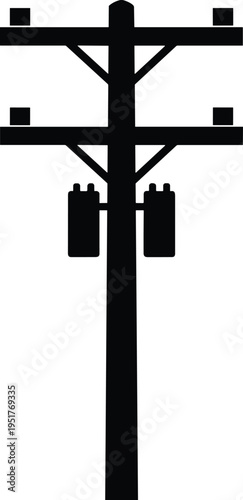 Electric utility pole silhouette with transformers, high voltage power lines, industrial energy distribution network, electrical infrastructure isolated on white background