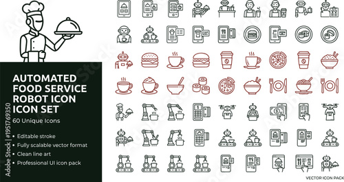 Automated food service robot icon set with smart restaurant assistant automation technology symbols for mobile apps websites dashboards and digital platforms