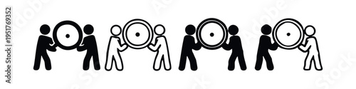 Two People Carrying a Large Wheel Icon Set.