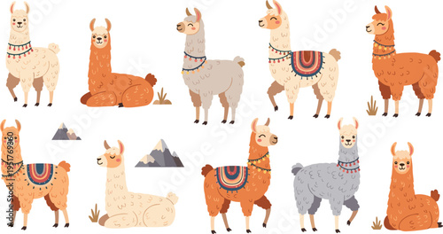 Set of cute hand drawn vector illustrations featuring llamas and alpacas with colorful saddles and tassels in various poses for nursery design.