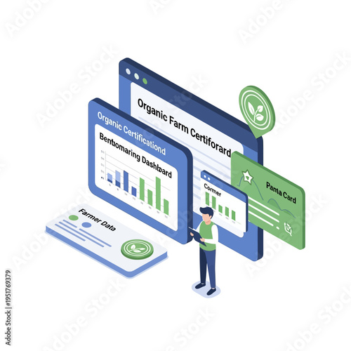 Illustration of a farmer using a digital dashboard for organic farm certification and benchmarking data analysis.