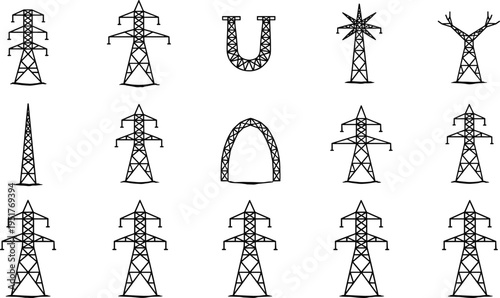 Set of creative electricity transmission tower silhouettes and pylon icons, high voltage power line symbols, industrial energy infrastructure on white background.