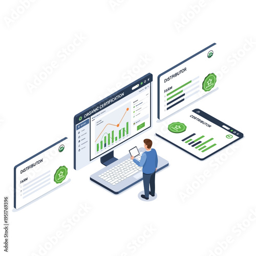 Man analyzing organic certification data on multiple screens, showcasing farm and distributor information with growth charts.