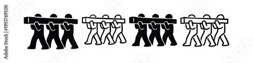 Group effort and heavy lifting icon set. Multiple people working together to carry a large object, symbolizing cooperation and strength.
