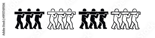 Teamwork and collaboration icon set. People carrying a heavy load together, symbolizing burden-sharing and collective effort.
