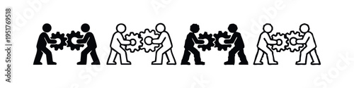 Synergy and cooperation icon set. Two individuals connecting interlocking gears, symbolizing teamwork, mechanism, and process integration.