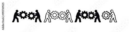 Mechanical teamwork icon set. Two people aligning and engaging cogwheels, symbolizing collaboration, engineering, and systemic function.